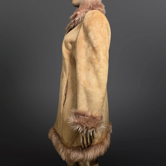 Vintage 90s Penny Lane Coat Beige Faux Fur Faux Suede Size L Knee Length Boho - Picture 7 of 12